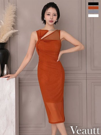 キャバドレス Veautt ヴュート デコルテカット ビジューチェーン シアー スリット エレガント ノースリーブ アシンメトリー 膝丈ドレス