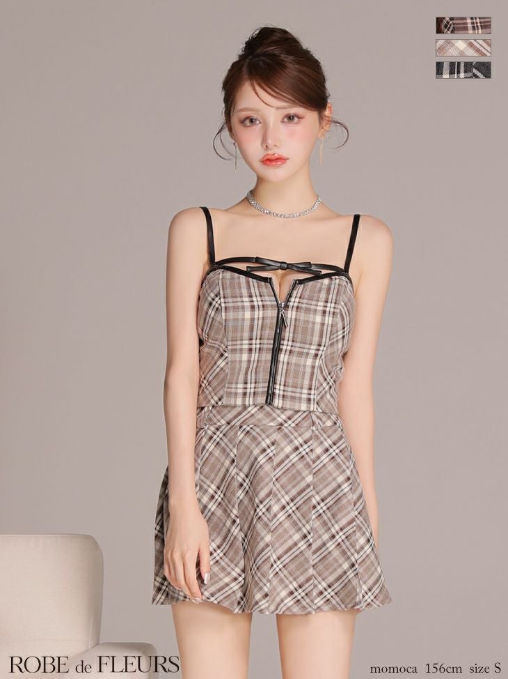 キャバドレス ROBEdeFLEURS ローブドフルール キャミソール 2way レザーミニリボン ジップデザイン チェック柄 セットアップ プリーツ ガーリー フレアミニドレス