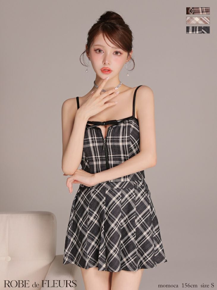 キャバドレス ROBEdeFLEURS ローブドフルール 2way レザーミニリボン ジップデザイン チェック柄 セットアップ プリーツ ガーリー キャミソール フレアミニドレス