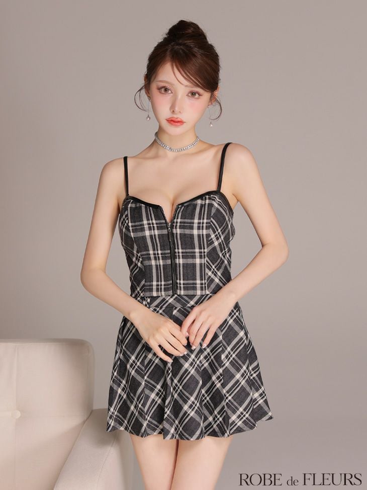 ROBE de FLEURS レザーミニリボンチェックフレア　fm4308 XSサイズあり】レザーミニリボンチェックフレアセットアップミニキャバ