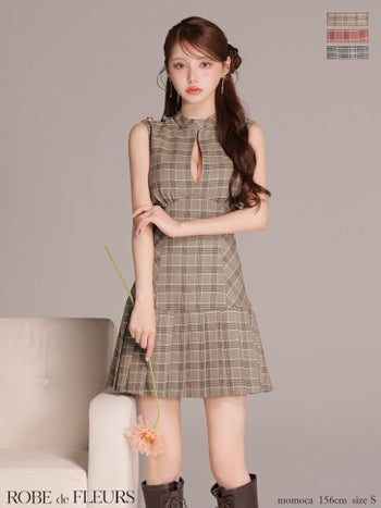 キャバドレス ROBEdeFLEURS ローブドフルール チェック柄 ノースリーブ ボックスプリーツ クラシカル Aラインミニドレス