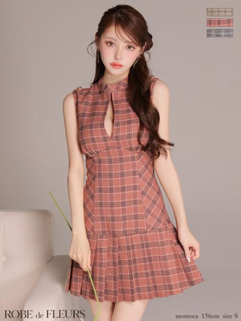 キャバドレス ROBEdeFLEURS ローブドフルール ボックスプリーツ クラシカルチェック柄 ノースリーブ Aラインミニドレス
