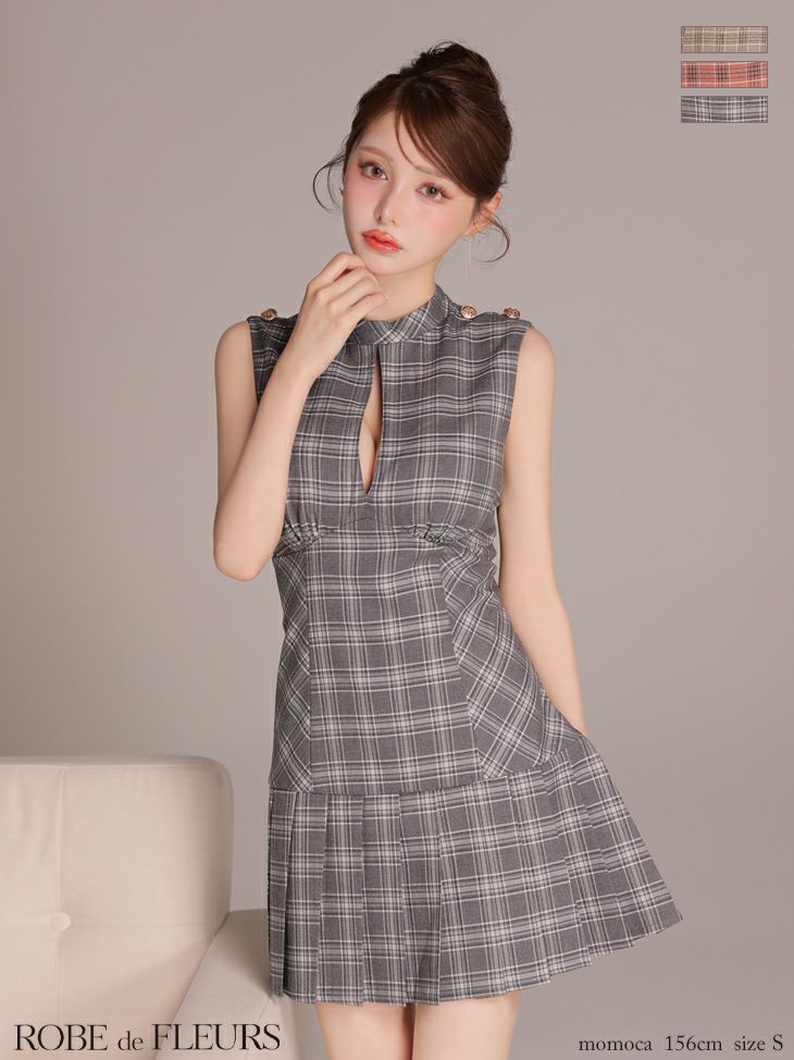 キャバドレス ROBEdeFLEURS ローブドフルール チェック柄 ボックスプリーツ クラシカル ノースリーブ Aラインミニドレス