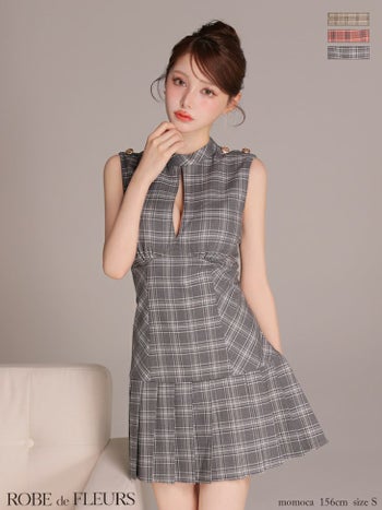 キャバドレス ROBEdeFLEURS ローブドフルール チェック柄 ボックスプリーツ クラシカル ノースリーブ Aラインミニドレス