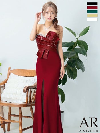 キャバドレス Angel R エンジェルアール サテン スリット フロントビジュー セクシー ベアトップ オープンバスト タイトロングドレス
