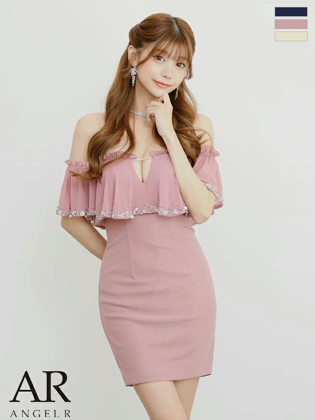 キャバドレス Angel R エンジェルアール Vカット シフォン ビジュー ラメ フェミニン オフショルダー タイトミニドレス