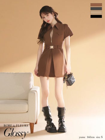 キャバドレス Glossy ROBE de FLEURS グロッシー ローブドフルール 半袖 ジップデザイン 襟付き ウエストベルト ワンカラー フレアミニドレス