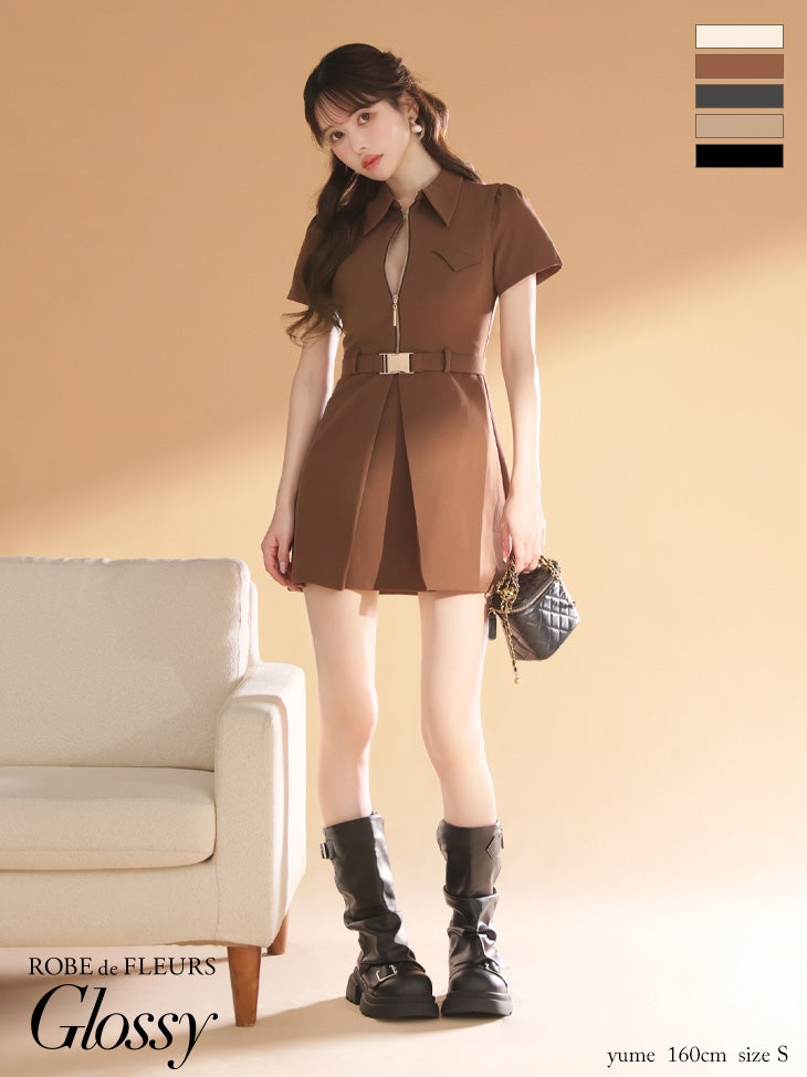キャバドレス Glossy ROBE de FLEURS グロッシー ローブドフルール 半袖 ジップデザイン 襟付き ウエストベルト ワンカラー フレアミニドレス