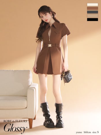 キャバドレス Glossy ROBE de FLEURS グロッシー ローブドフルール 半袖 ジップデザイン 襟付き ウエストベルト ワンカラー フレアミニドレス