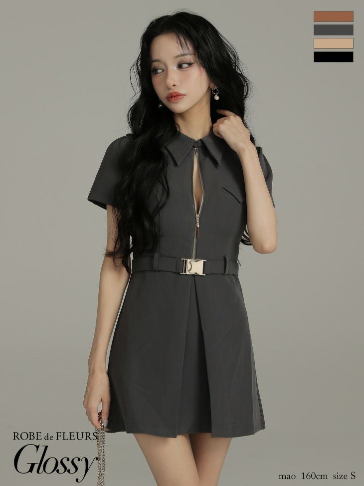 キャバドレス Glossy ROBE de FLEURS グロッシー ローブドフルール 襟付き ウエストベルト 半袖 ジップデザイン ワンカラー フレアミニドレス