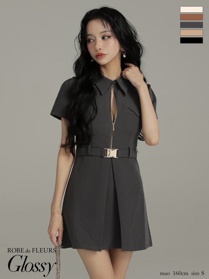 キャバドレス Glossy ROBE de FLEURS グロッシー ローブドフルール 襟付き ウエストベルト 半袖 ジップデザイン ワンカラー フレアミニドレス