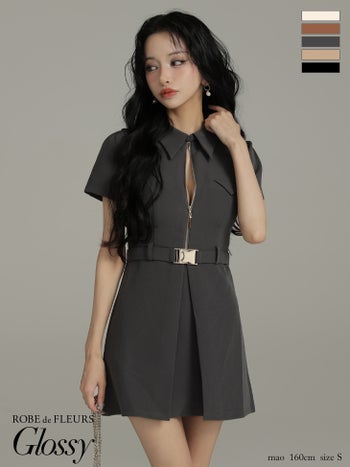キャバドレス Glossy ROBE de FLEURS グロッシー ローブドフルール 襟付き ウエストベルト 半袖 ジップデザイン ワンカラー フレアミニドレス