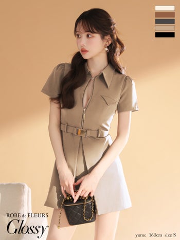 キャバドレス Glossy ROBE de FLEURS グロッシー ローブドフルール 襟付き ウエストベルト 半袖 ジップデザイン ワンカラー フレアミニドレス