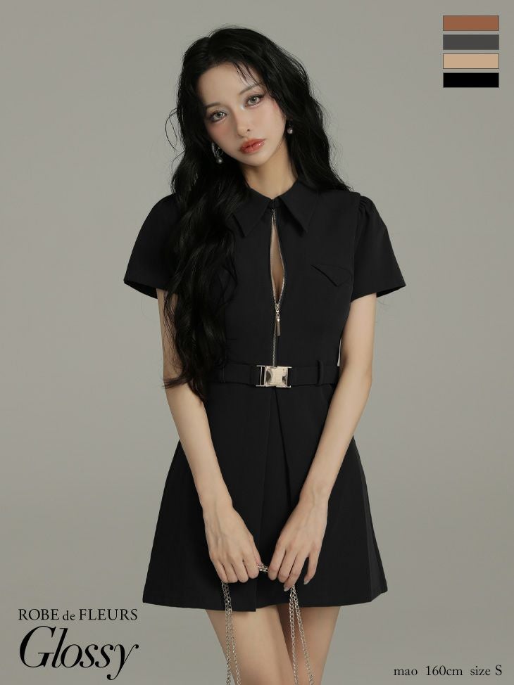 キャバドレス Glossy ROBE de FLEURS グロッシー ローブドフルール ウエストベルト ワンカラー 半袖 ジップデザイン 襟付き フレアミニドレス