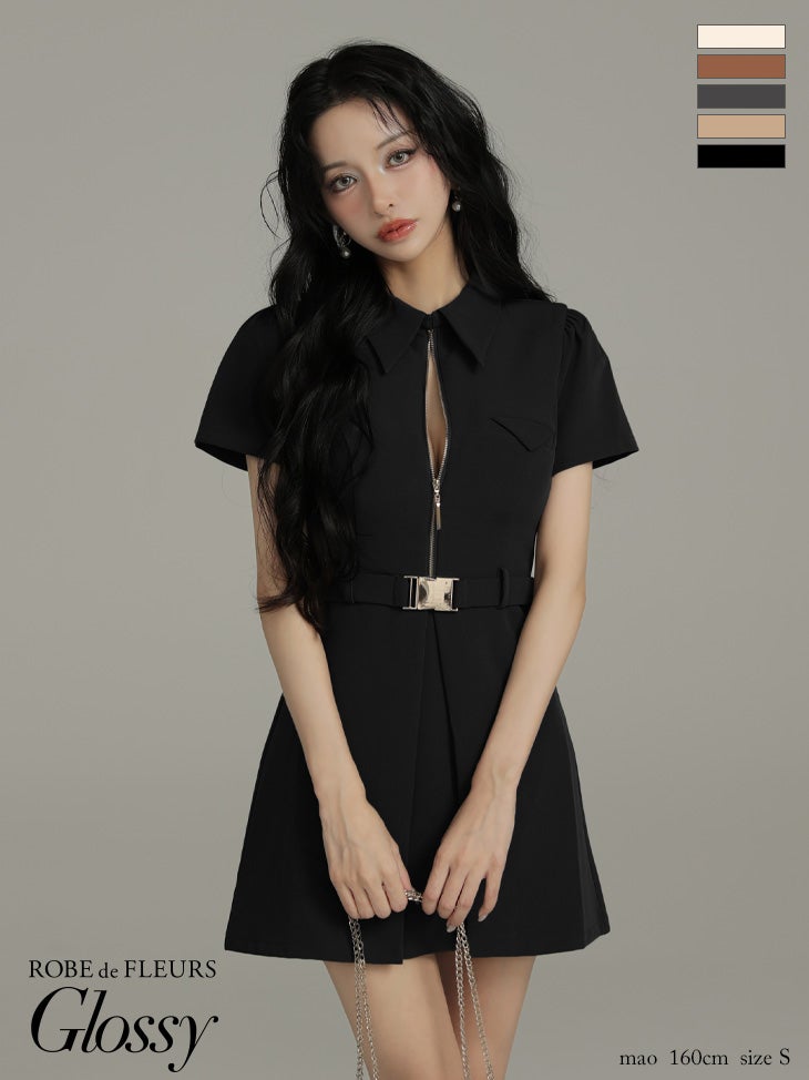 キャバドレス Glossy ROBE de FLEURS グロッシー ローブドフルール ウエストベルト ワンカラー 半袖 ジップデザイン 襟付き フレアミニドレス