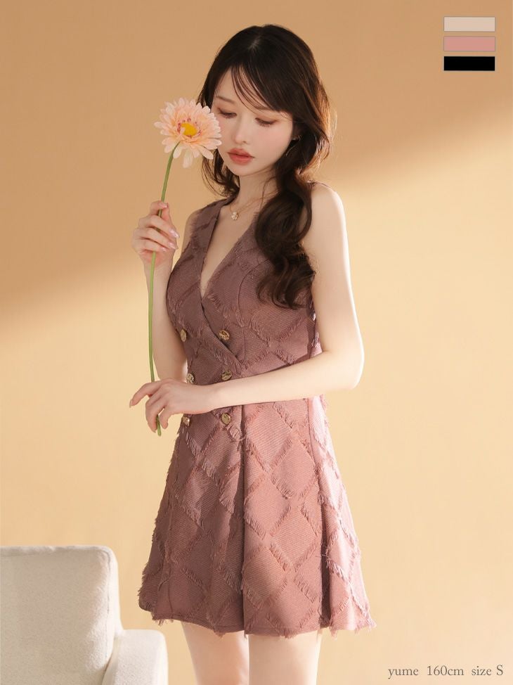 キャバドレス DEA.by ROBE de FLEURS ディア ノースリーブ オープンバスト フリンジジャガード ダブルボタン クラシカル フレアミニドレス