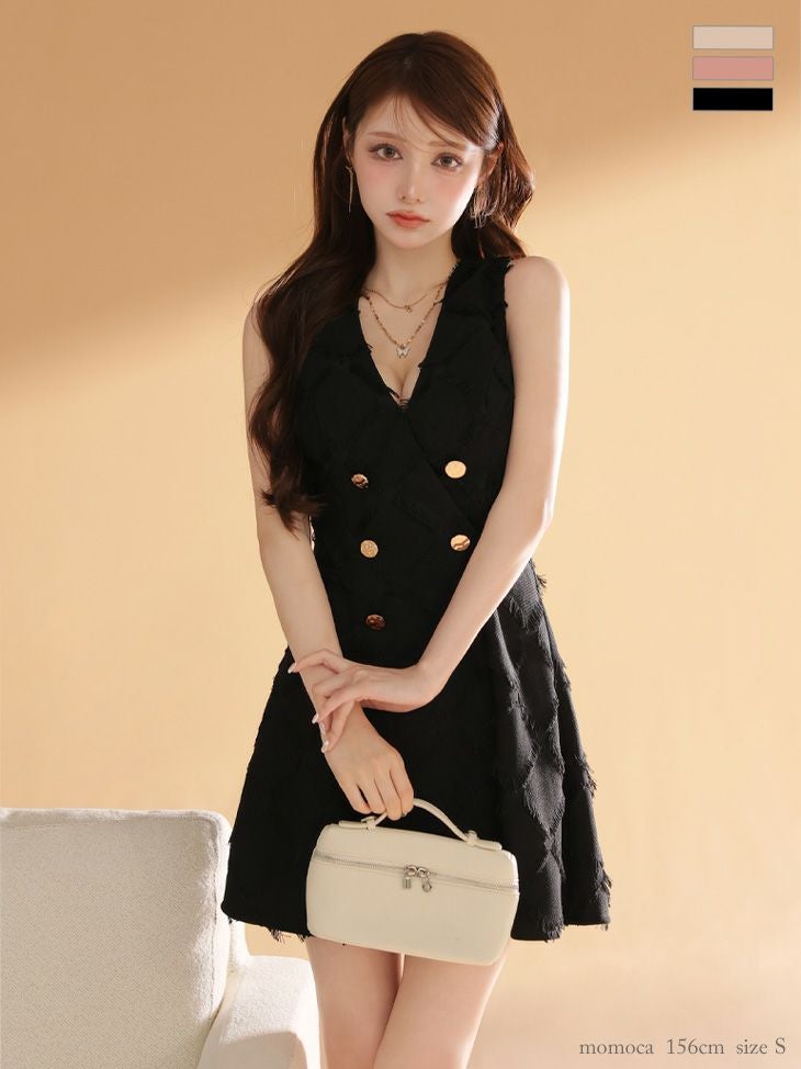 キャバドレス DEA.by ROBE de FLEURS ディア オープンバスト フリンジジャガード ダブルボタン クラシカル ノースリーブ フレアミニドレス