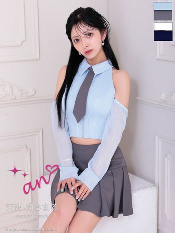 キャバドレス an ネクタイ付き セットアップ 肩あき シアースリーブ ジップデザイン プリーツ ボタン フレアミニドレス