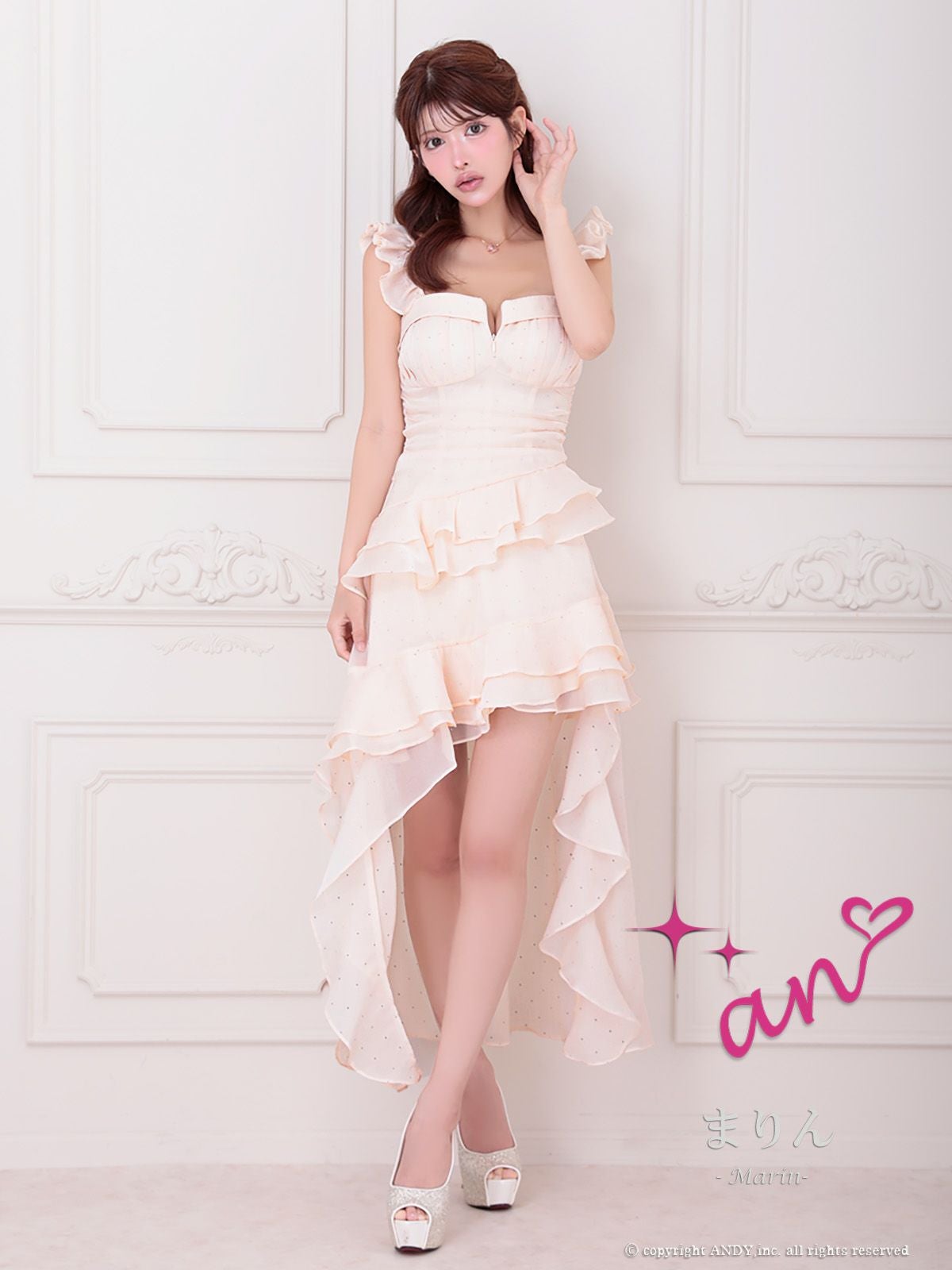 キャバドレス an ビジュー キャミソール ドット柄 ジップデザイン フリル ロングテールドレス