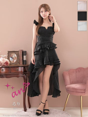 キャバドレス an ビジュー ドット柄 キャミソール ジップデザイン フリル ロングテールドレス