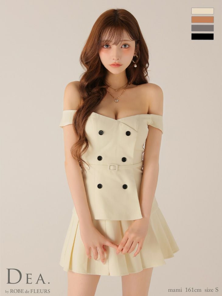 キャバドレス DEA. ROBE de FLEURS ディア ローブドフルール セットアップ オフショルダー ダブルボタン プリーツスカート ワンカラー ウエストベルト フレアミニドレス