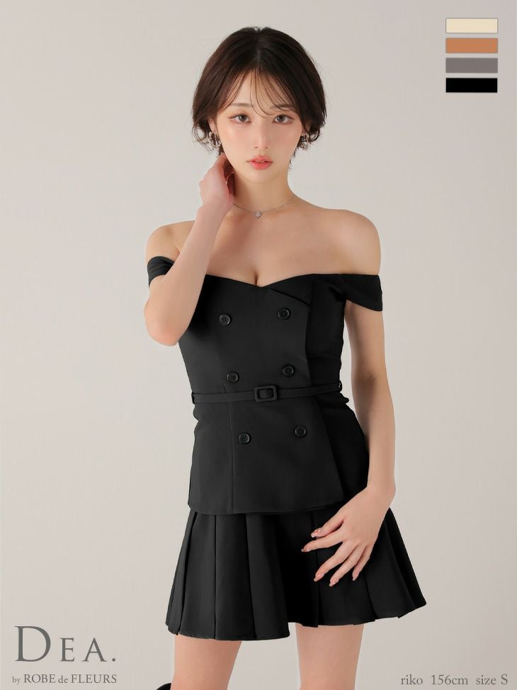キャバドレス DEA. ROBE de FLEURS ディア ローブドフルール セットアップ ワンカラー ウエストベルト オフショルダー ダブルボタン プリーツスカート フレアミニドレス