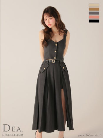 キャバドレス DEA.by ROBE de FLEURS ディア オープンバスト フロントボタン ベルト スリット セットアップ エレガント ノースリーブ Aラインロングドレス