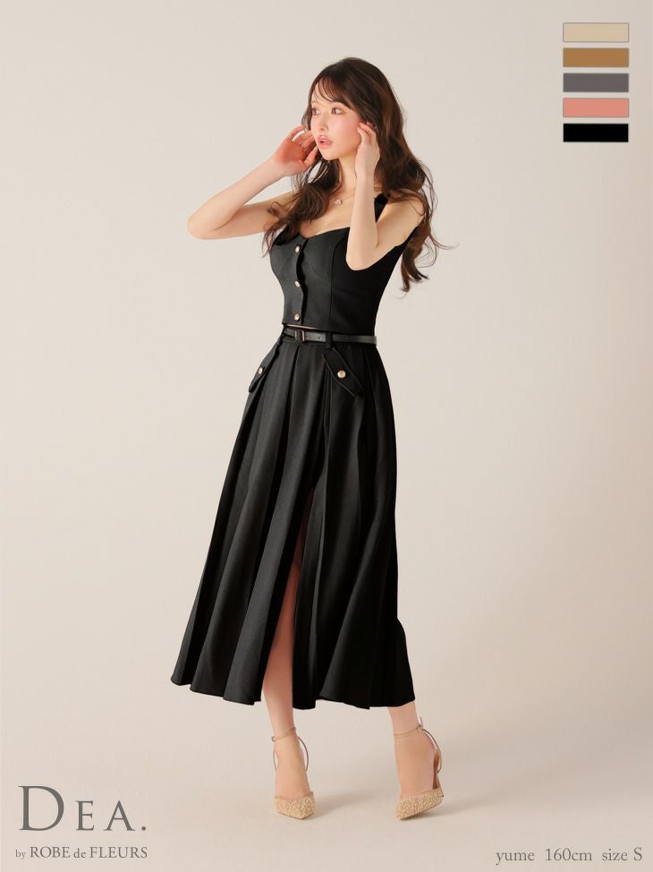 キャバドレス DEA.by ROBE de FLEURS ディア ベルト スリット セットアップ エレガント ノースリーブ オープンバスト フロントボタン Aラインロングドレス