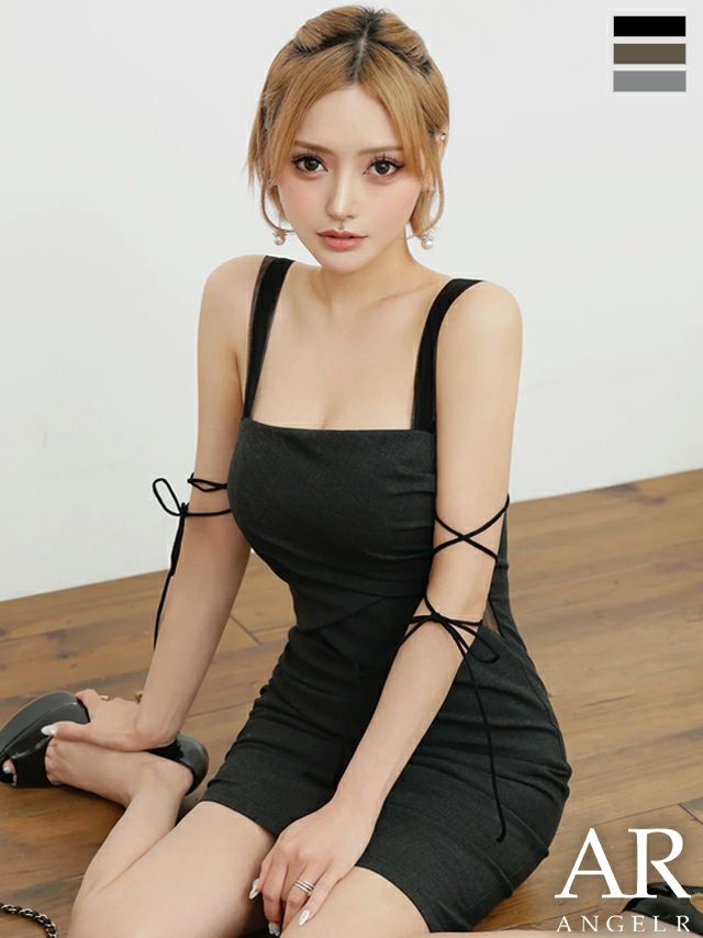 キャバドレス Angel R エンジェルアール シンプル ノースリーブ リボン サイドカット タック メッシュ タイトミニドレス