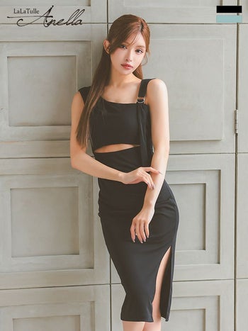 キャバドレス Anella アネラ ワンショル風 アシンメトリー ノースリーブ ウエストカット セクシー ワンカラー スリット タイト 膝丈ドレス