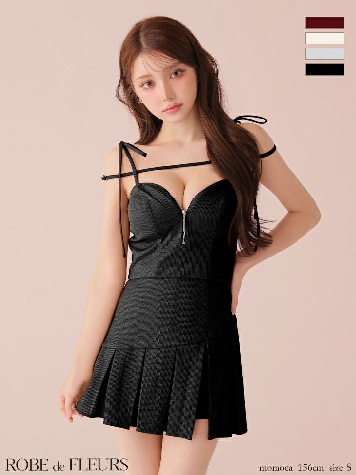 キャバドレス ROBEdeFLEURS ローブドフルール リボン キャミソール セットアップ コードデザイン リブニット ジップデザイン プリーツスカート フレアミニドレス