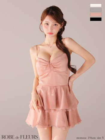 キャバドレス ROBEdeFLEURS ローブドフルール サテン レース キャミソール ティアードスカート セットアップ リボン ギャザー ガーリー フレアミニドレス