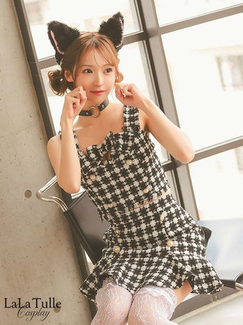 コスプレ 千鳥格子柄 セットアップ ツイード ガーリー パールボタン リボン 猫 アニマル 衣装5点セット