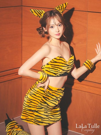 コスプレ 鬼 トラ柄 セクシー タイトスカート セットアップ ベアトップ アニマル 衣装5点セット