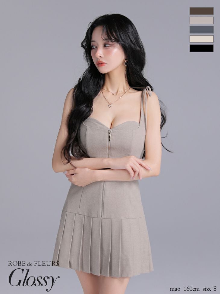 キャバドレス Glossy ROBE de FLEURS グロッシー ローブドフルール キャミソール セクシー ジップデザイン リボンショルダー プリーツスカート フレアミニドレス