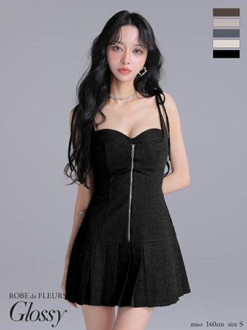 キャバドレス Glossy ROBE de FLEURS グロッシー ローブドフルール リボンショルダー キャミソール ジップデザイン セクシー プリーツスカート フレアミニドレス