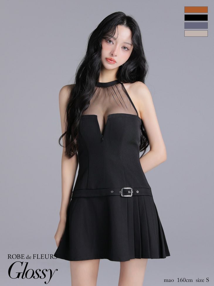 キャバドレス Glossy ROBE de FLEURS グロッシー ローブドフルール シアー チュールデザイン ホルターネック ジップデザイン プリーツスカート フレアミニドレス