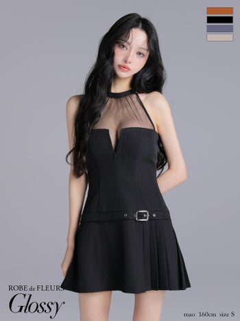 キャバドレス Glossy ROBE de FLEURS グロッシー ローブドフルール シアー チュールデザイン ホルターネック ジップデザイン プリーツスカート フレアミニドレス