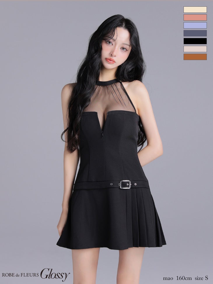 キャバドレス Glossy ROBE de FLEURS グロッシー ローブドフルール シアー チュールデザイン ホルターネック ジップデザイン プリーツスカート フレアミニドレス