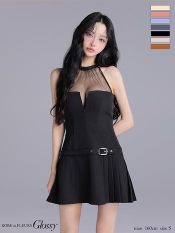 キャバドレス Glossy ROBE de FLEURS グロッシー ローブドフルール シアー チュールデザイン ホルターネック ジップデザイン プリーツスカート フレアミニドレス