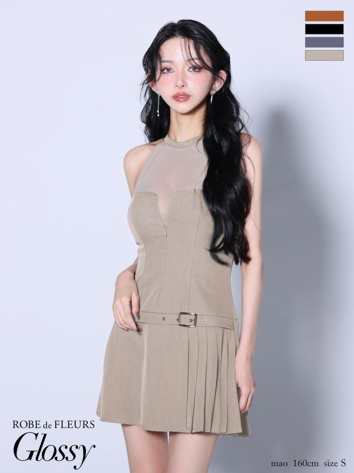 キャバドレス Glossy ROBE de FLEURS グロッシー ローブドフルール プリーツスカート シアー ホルターネック ジップデザイン チュールデザイン フレアミニドレス