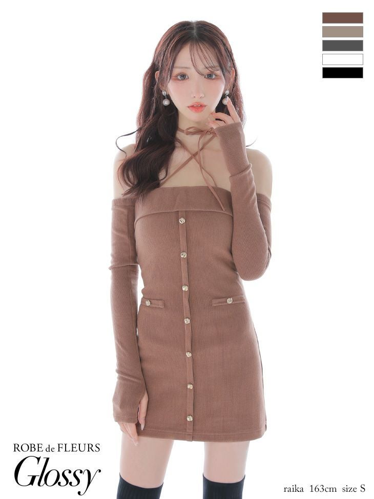 キャバドレス Glossy ROBE de FLEURホルターネック フロントボタン ネックリボン 長袖 リブニット アームウォーマー付き タイトミニドレスS グロッシー ローブドフルール 