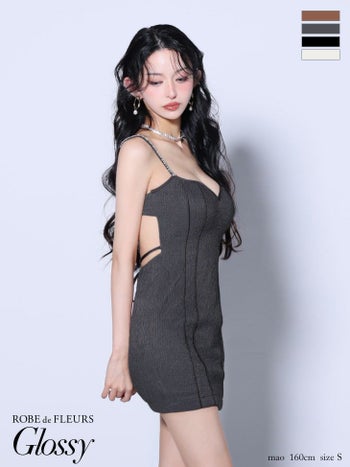 キャバドレス Glossy by ROBE de FLEURS グロッシー キャミソール バックオープン チェーンストラップ ジャガード サテン セクシー タイトミニドレス