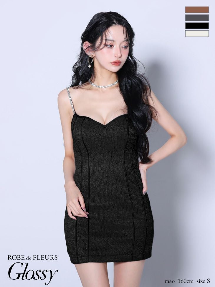 キャバドレス Glossy by ROBE de FLEURS グロッシー バックオープン チェーンストラップ ジャガード サテン セクシー キャミソール タイトミニドレス