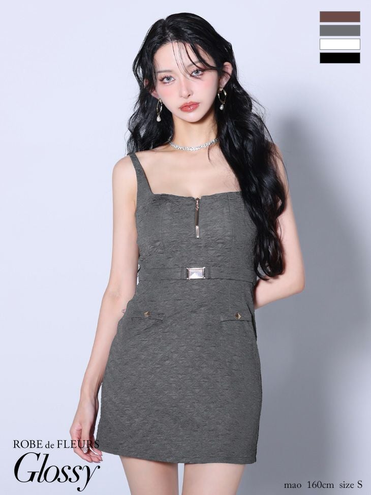 キャバドレス Glossy ROBE de FLEURS グロッシー ローブドフルール ジップデザイン ウエストベルト キャミソール vカット ワッフル タイトミニドレス