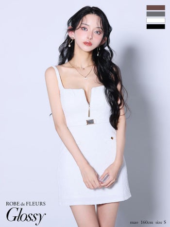 キャバドレス Glossy ROBE de FLEURS グロッシー ローブドフルール キャミソール vカット ワッフル ジップデザイン ウエストベルト タイトミニドレス