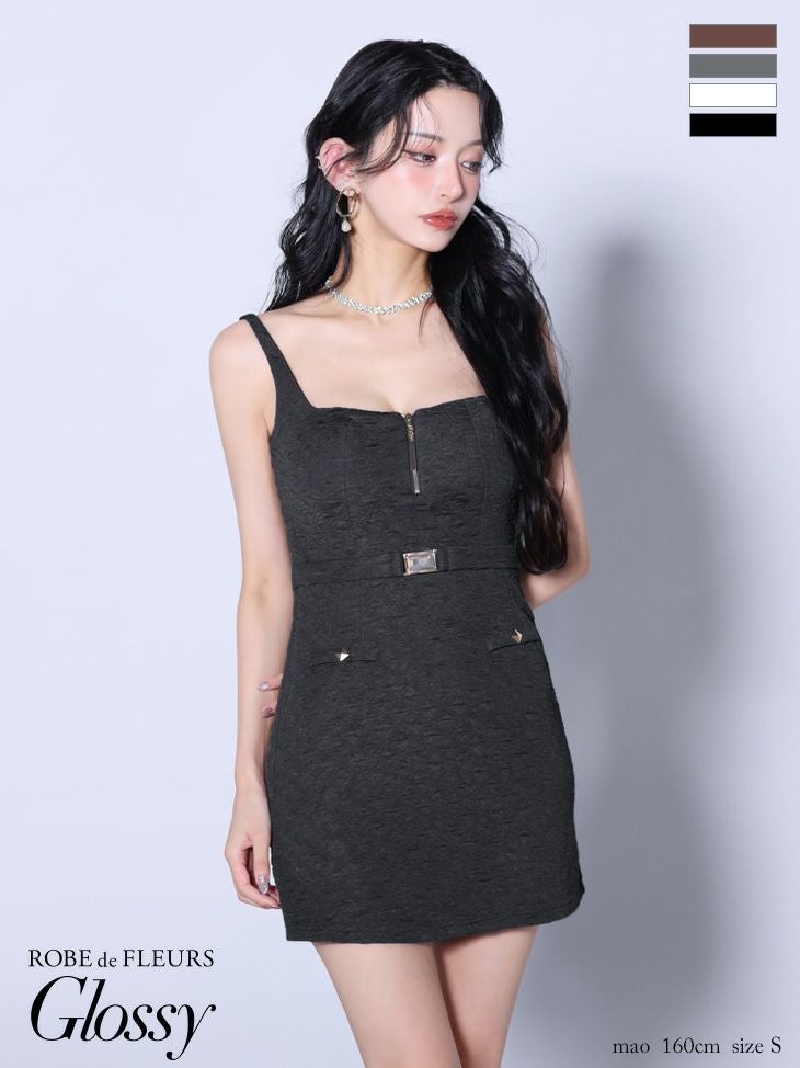 キャバドレス Glossy ROBE de FLEURS グロッシー ローブドフルール キャミソール ジップデザイン vカット ワッフル ウエストベルト タイトミニドレス
