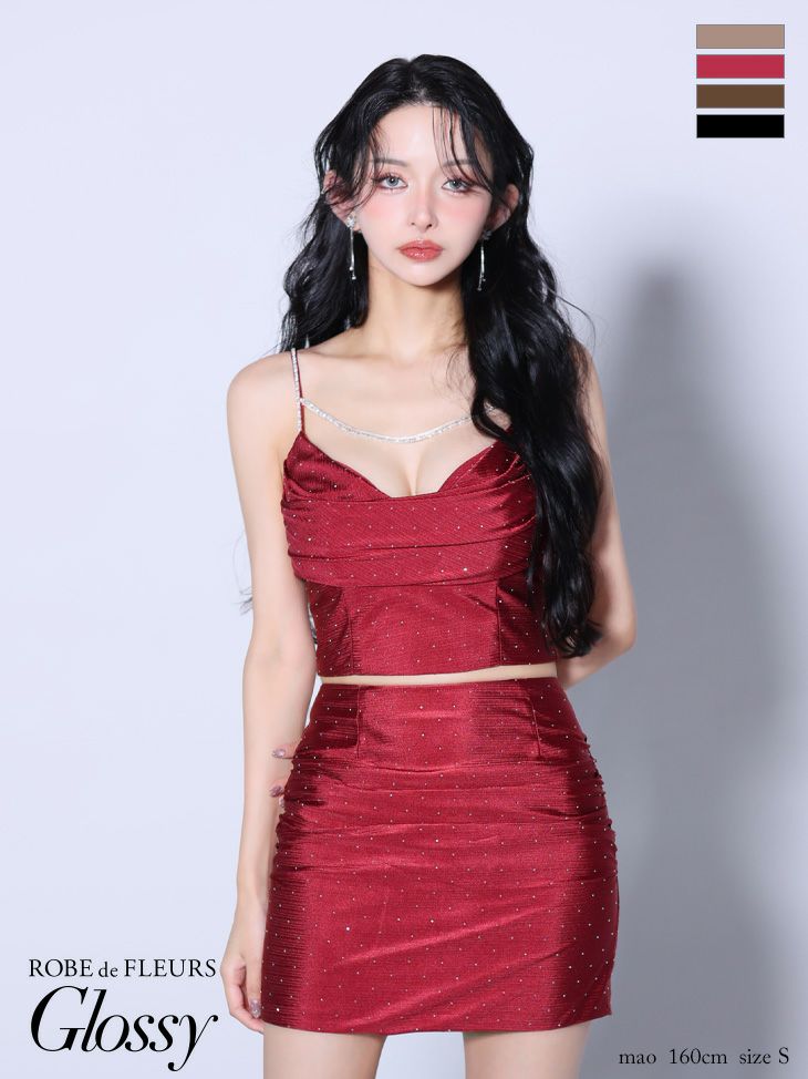 キャバドレス Glossy ROBE de FLEURS グロッシー ローブドフルール キャミソール ストーン セットアップ ドレープ サテン チェーンストラップ タイトミニドレス