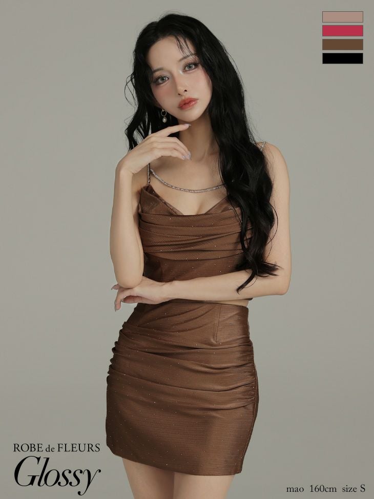 キャバドレス Glossy ROBE de FLEURS グロッシー ローブドフルール チェーンストラップ サテン キャミソール ストーン セットアップ ドレープ タイトミニドレス