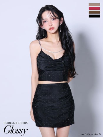 キャバドレス Glossy ROBE de FLEURS セットアップ キャミソール ドレープ サテン ストーン チェーンストラップ タイトミニドレス